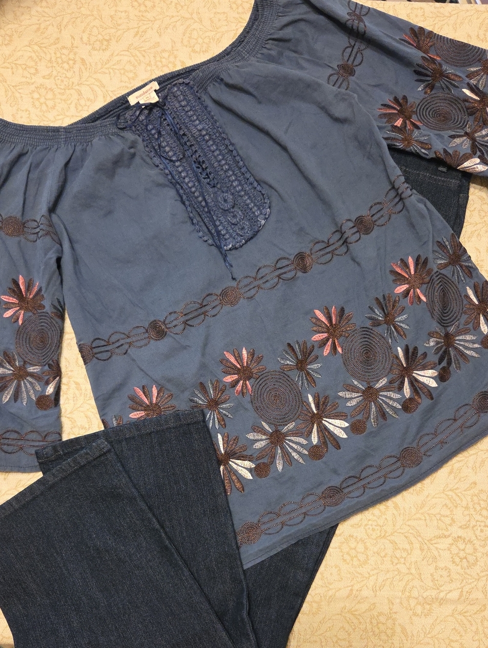Sundance Blue Embroidered Floral Peasant Tunic